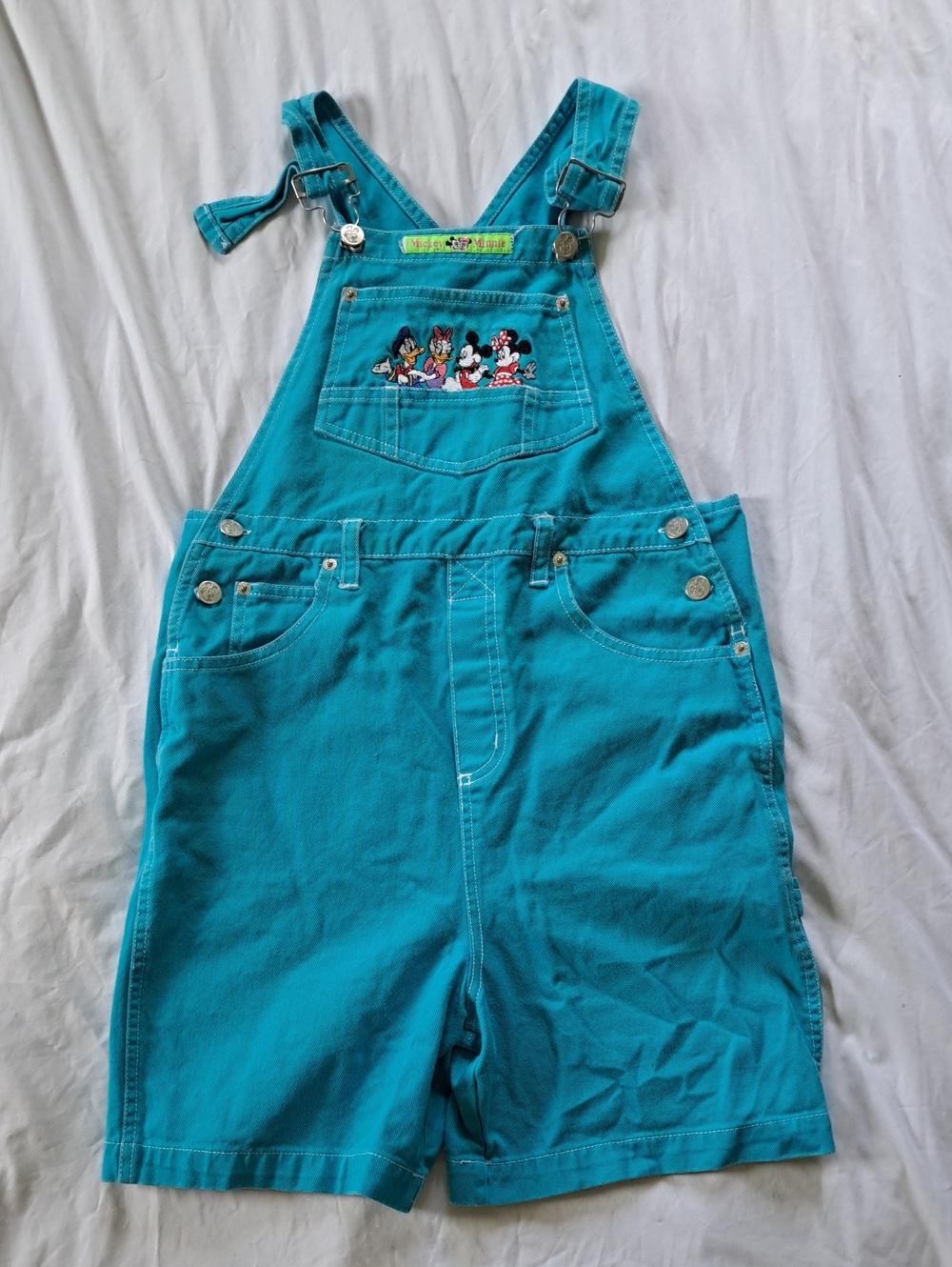 Disney By Jerry Leigh Teal Kids Short Overalls with Mickey & Friends Embroidery